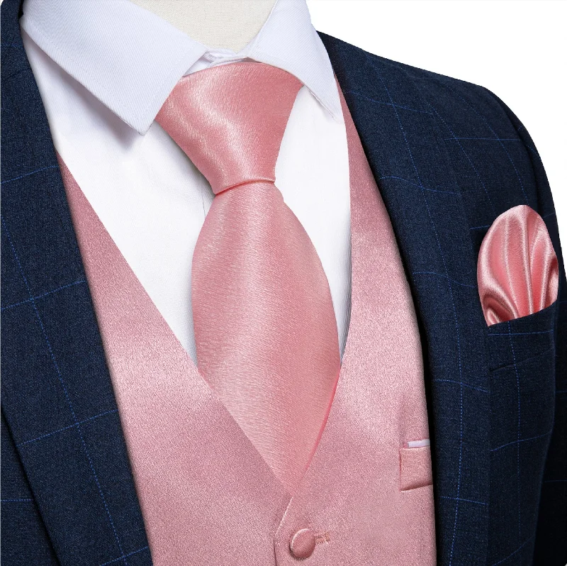 Rose Pink Solid Satin Waistcoat Vest Tie Handkerchief Cufflinks Set-MJ-0634