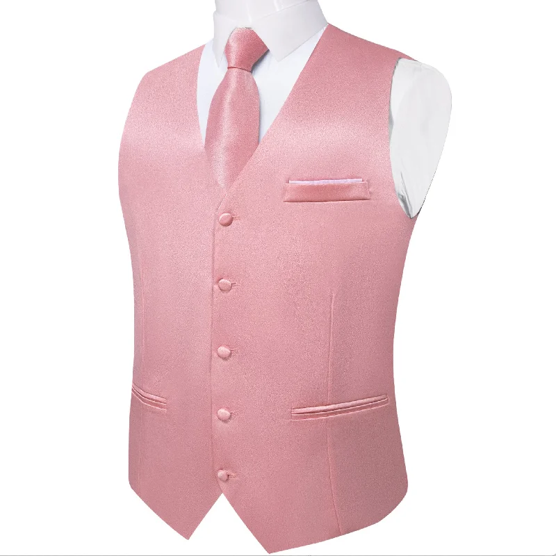 Rose Pink Solid Satin Waistcoat Vest Tie Handkerchief Cufflinks Set-MJ-0634