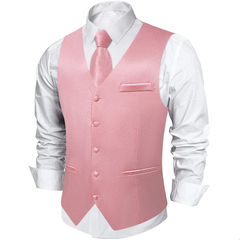 Rose Pink Solid Satin Waistcoat Vest Tie Handkerchief Cufflinks Set-MJ-0634