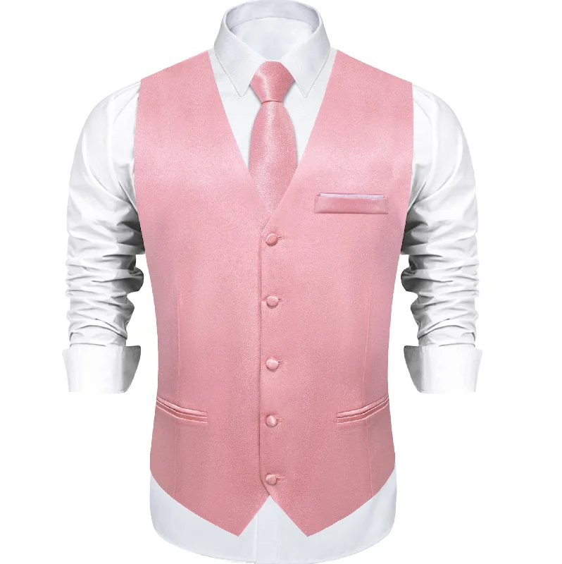 Rose Pink Solid Satin Waistcoat Vest Tie Handkerchief Cufflinks Set-MJ-0634