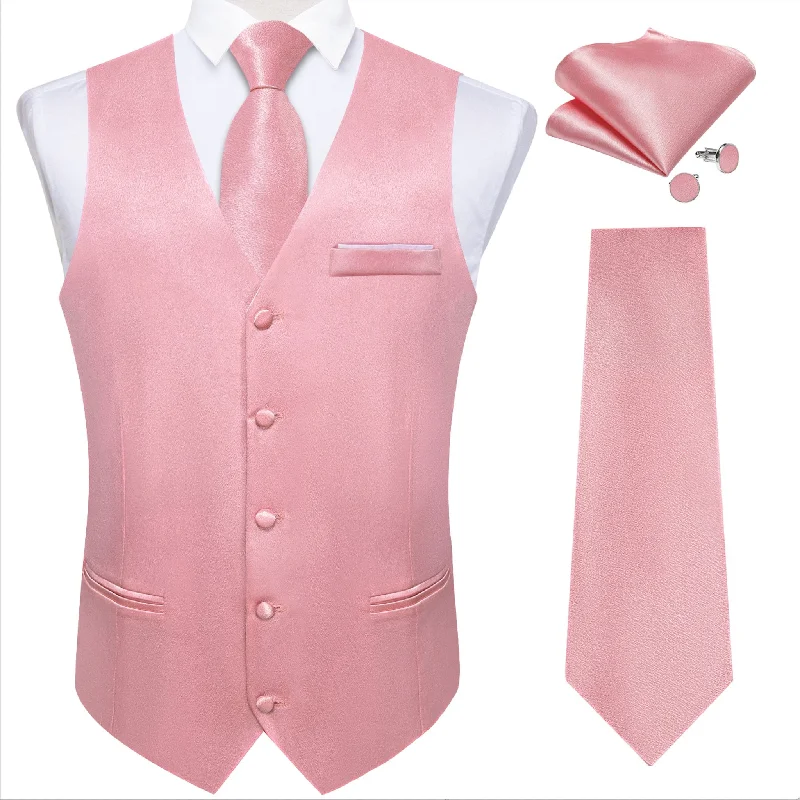 Rose Pink Solid Satin Waistcoat Vest Tie Handkerchief Cufflinks Set-MJ-0634