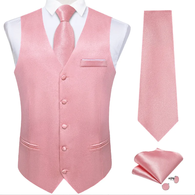 Rose Pink Solid Satin Waistcoat Vest Tie Handkerchief Cufflinks Set-MJ-0634