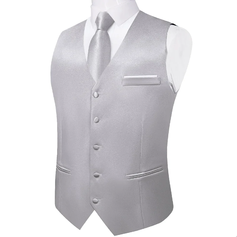 Grey Solid Satin Waistcoat Vest Tie Handkerchief Cufflinks Set- MJ-0636