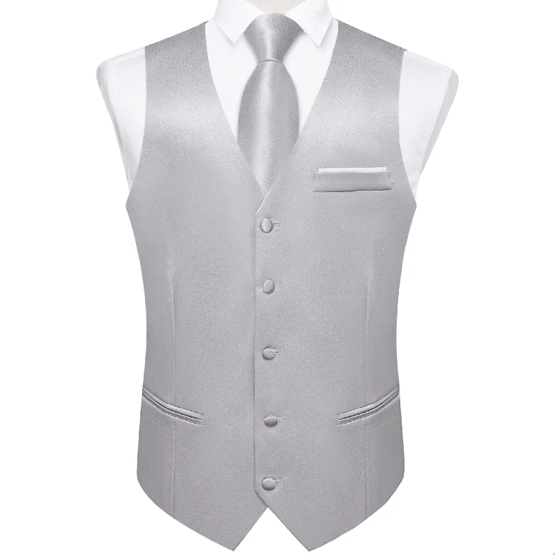 Grey Solid Satin Waistcoat Vest Tie Handkerchief Cufflinks Set- MJ-0636