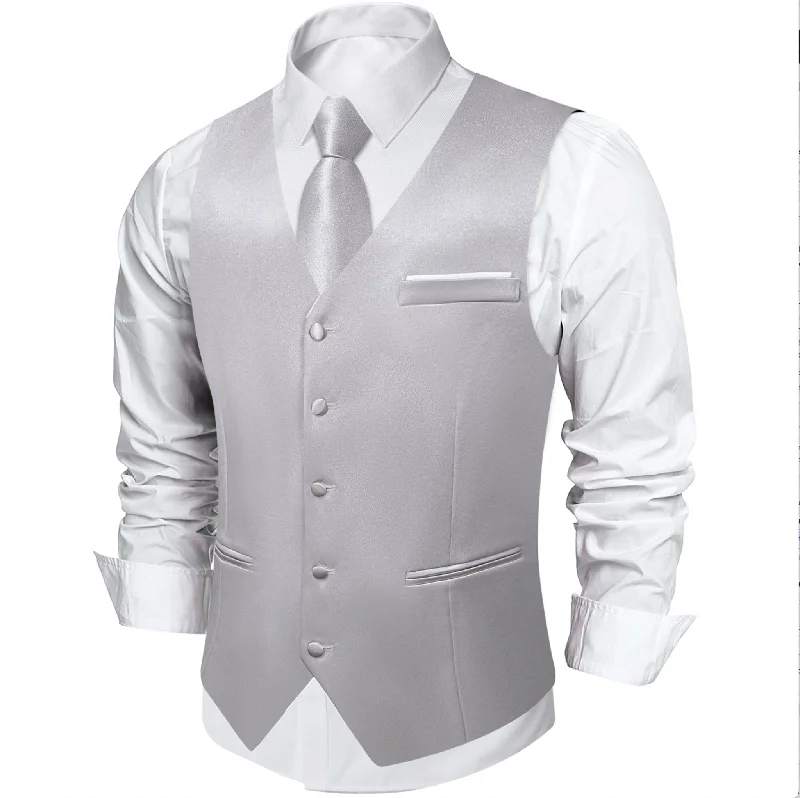 Grey Solid Satin Waistcoat Vest Tie Handkerchief Cufflinks Set- MJ-0636