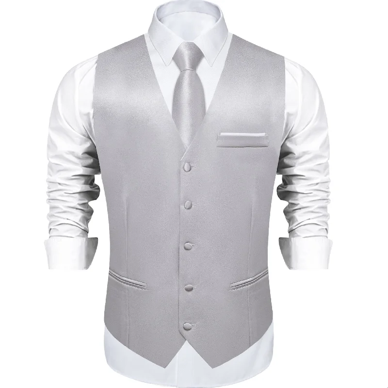 Grey Solid Satin Waistcoat Vest Tie Handkerchief Cufflinks Set- MJ-0636