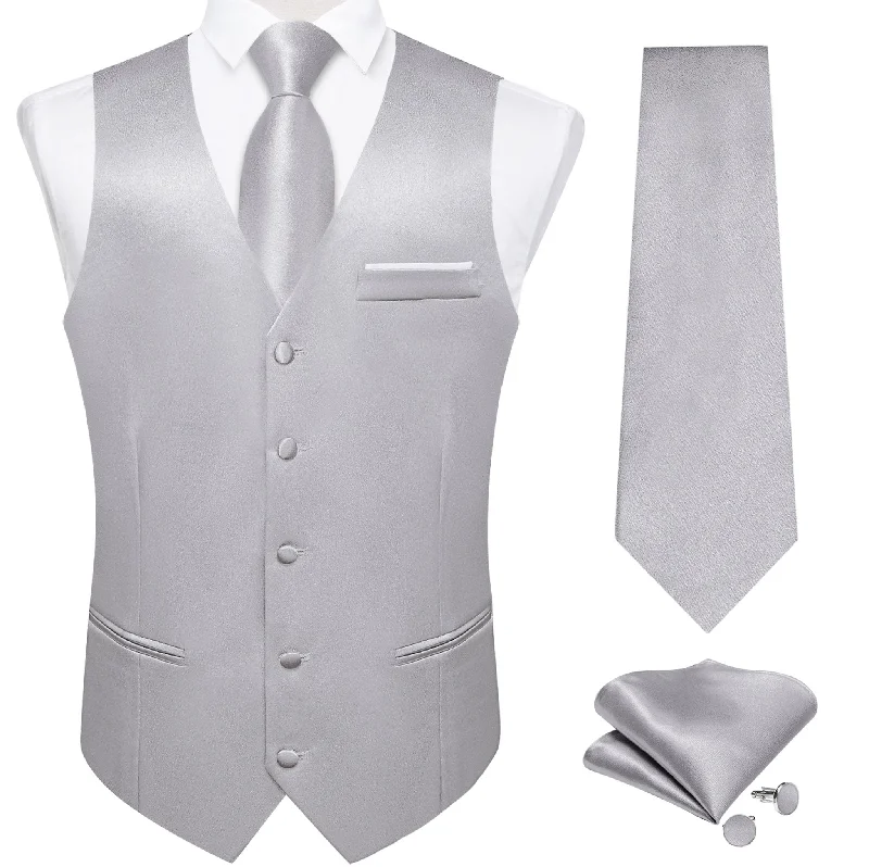 Grey Solid Satin Waistcoat Vest Tie Handkerchief Cufflinks Set- MJ-0636