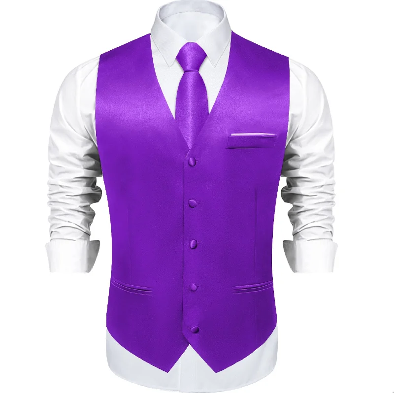 Deep Purple Solid Satin Waistcoat Vest Tie Handkerchief Cufflinks Set- MJ-0647