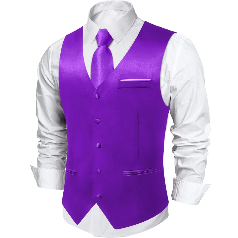 Deep Purple Solid Satin Waistcoat Vest Tie Handkerchief Cufflinks Set- MJ-0647