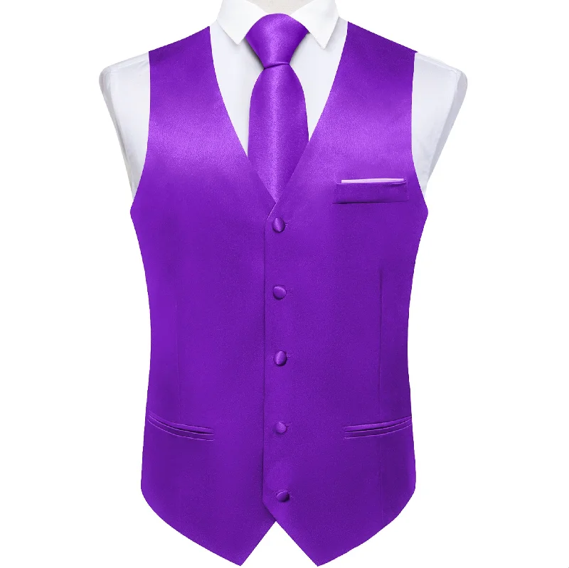 Deep Purple Solid Satin Waistcoat Vest Tie Handkerchief Cufflinks Set- MJ-0647