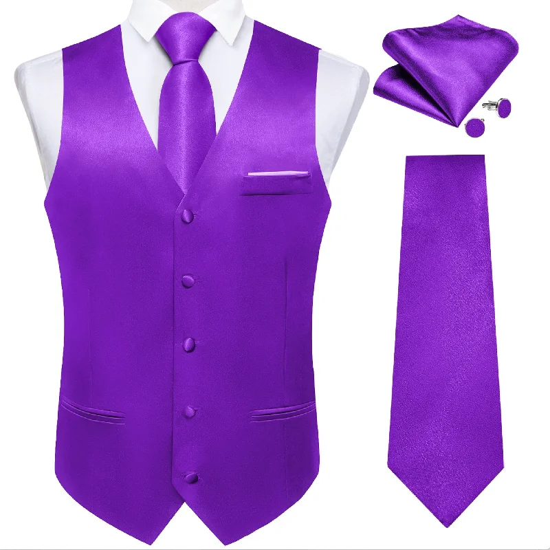 Deep Purple Solid Satin Waistcoat Vest Tie Handkerchief Cufflinks Set- MJ-0647