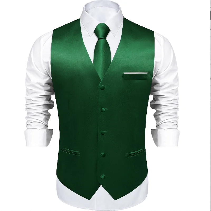 Green Solid Satin Waistcoat Vest Tie Handkerchief Cufflinks Set- MJ-0639