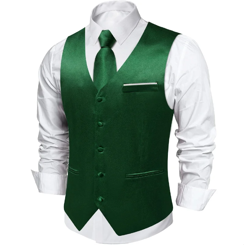 Green Solid Satin Waistcoat Vest Tie Handkerchief Cufflinks Set- MJ-0639