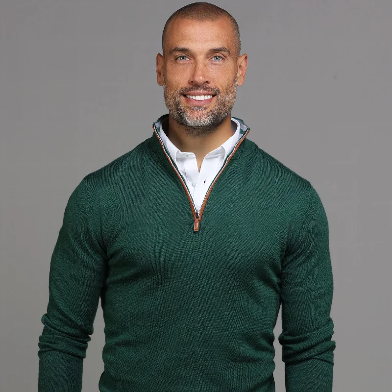 Hunter Green with Brown Suede Trim Cashmere Touch Australian Merino Quarter Zip Sweater