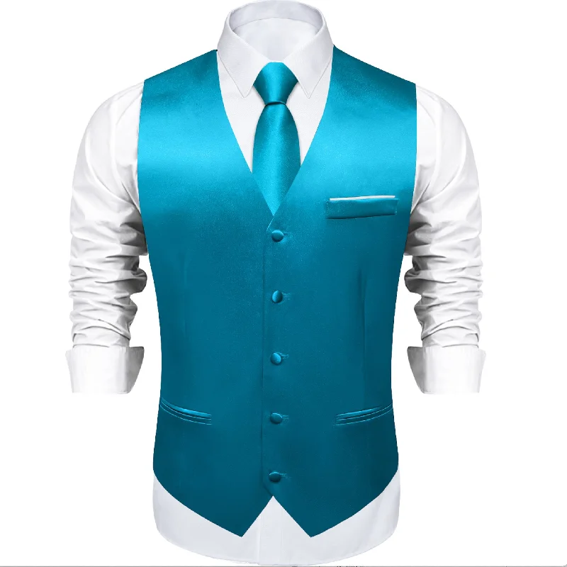 Light Blue Solid Satin Waistcoat Vest Tie Handkerchief Cufflinks Set-MJ-0635