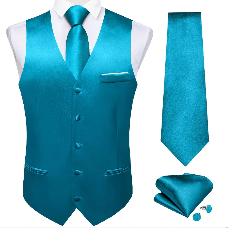 Light Blue Solid Satin Waistcoat Vest Tie Handkerchief Cufflinks Set-MJ-0635