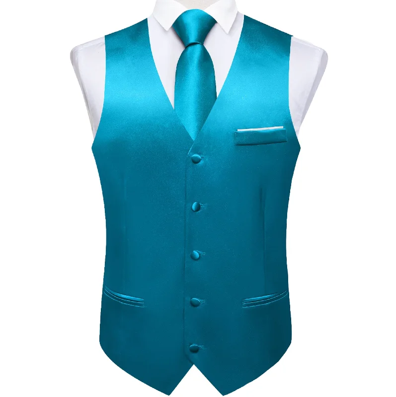 Light Blue Solid Satin Waistcoat Vest Tie Handkerchief Cufflinks Set-MJ-0635