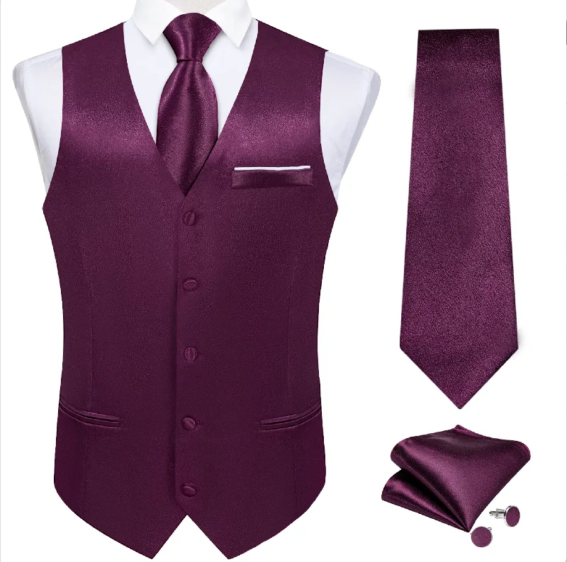 Luxury Purple Solid Satin Waistcoat Vest Set-MJ-0648