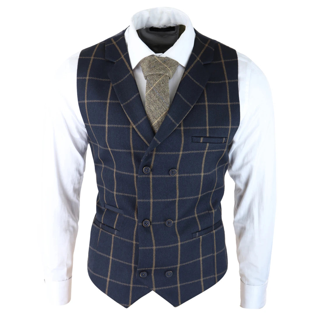 Kempson - Men's Double Breasted Herringbone Tweed Blinders Check Waistcoat