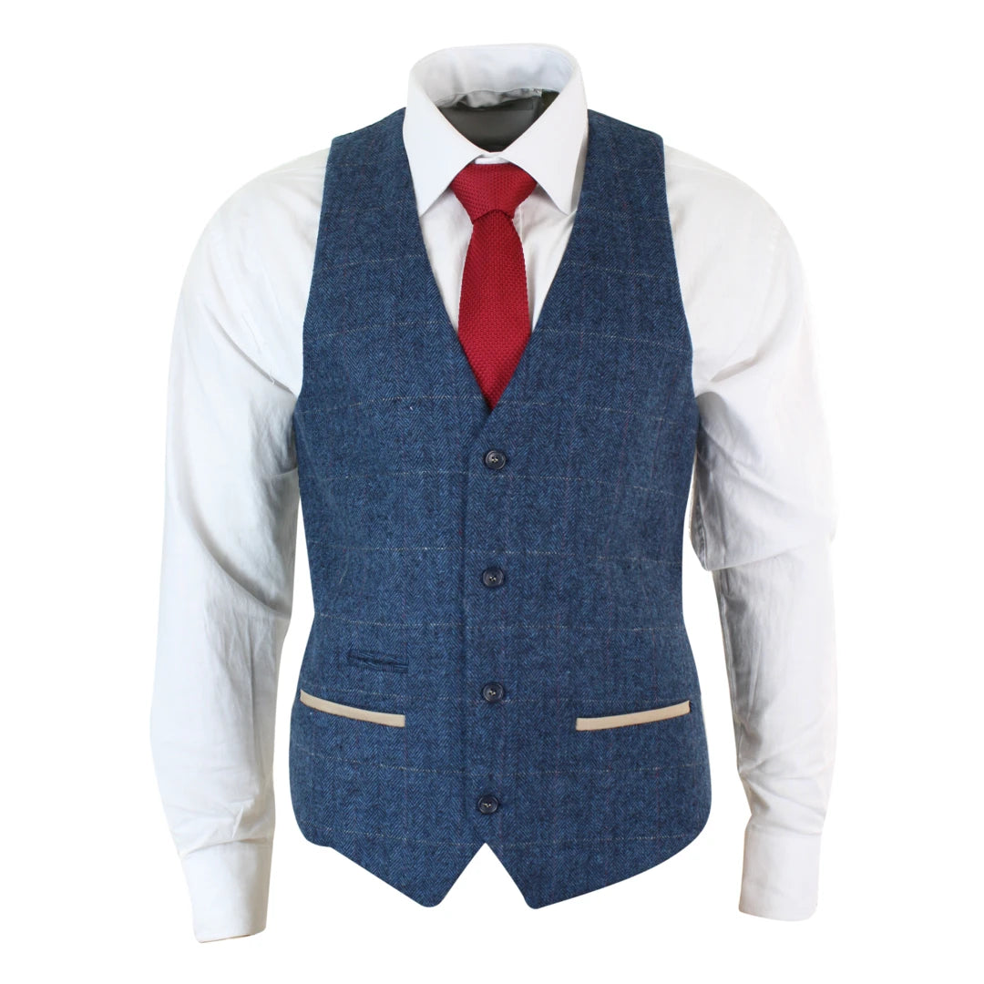 Men's Herringbone Tweed Check Waistcoat Velvet Trim Blue Brown Grey