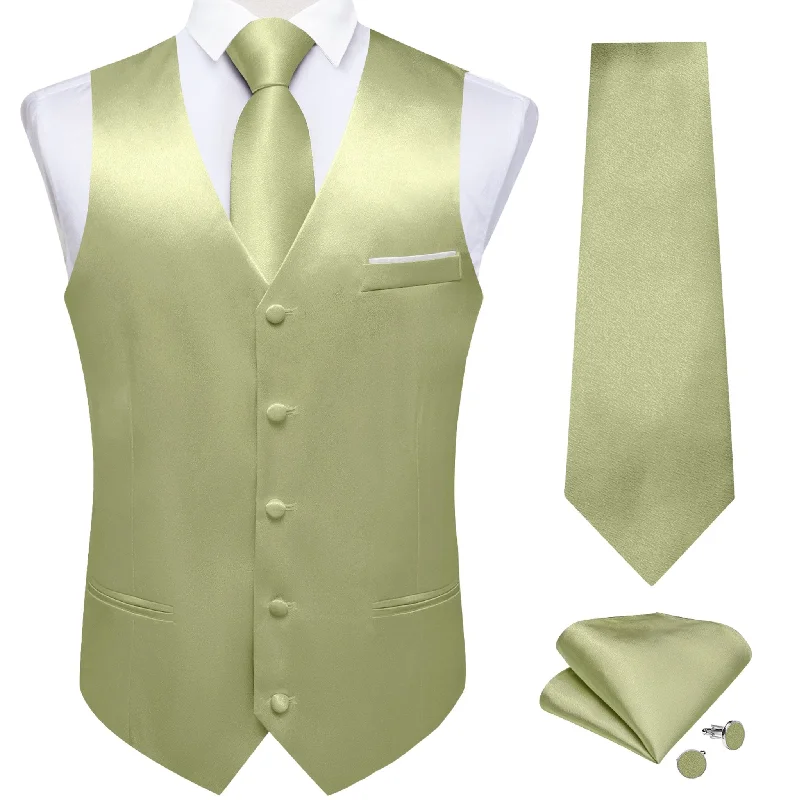 Mint Green Solid Satin Waistcoat Vest Tie Handkerchief Cufflinks Set- MJ-0654