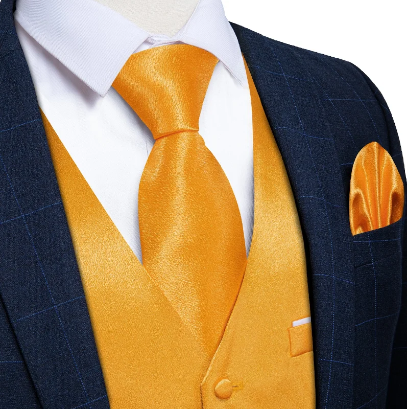 Orange Solid Satin Waistcoat Vest Tie Handkerchief Cufflinks Set-MJ-0649