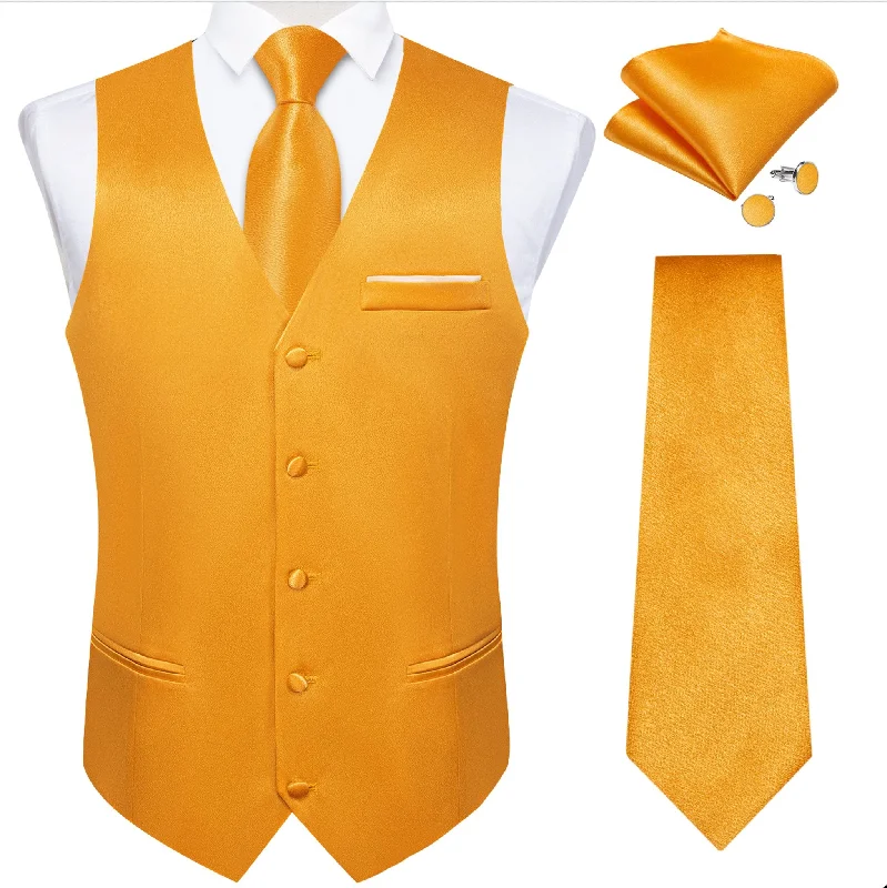 Orange Solid Satin Waistcoat Vest Tie Handkerchief Cufflinks Set-MJ-0649