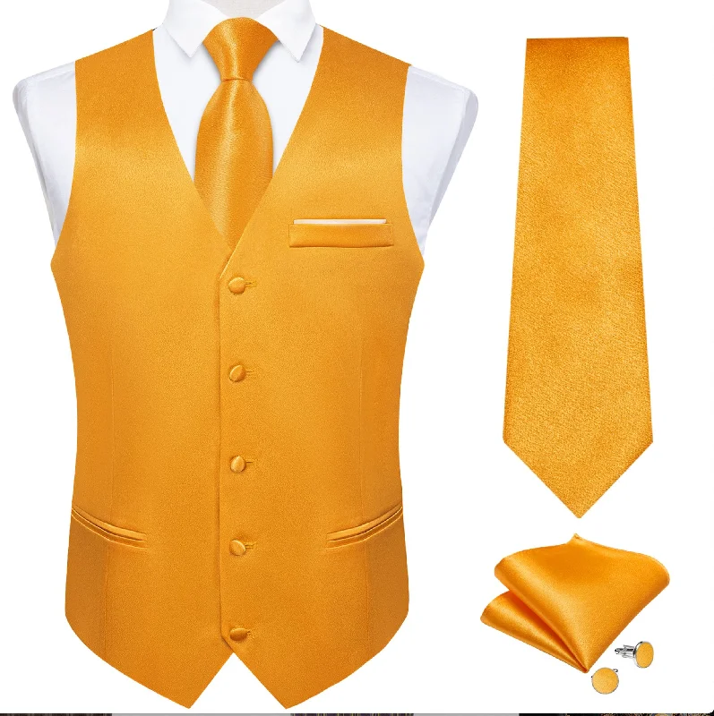 Orange Solid Satin Waistcoat Vest Tie Handkerchief Cufflinks Set-MJ-0649