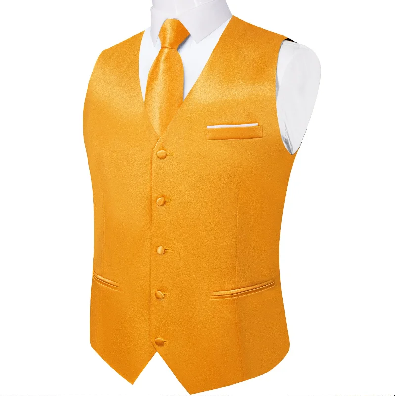 Orange Solid Satin Waistcoat Vest Tie Handkerchief Cufflinks Set-MJ-0649