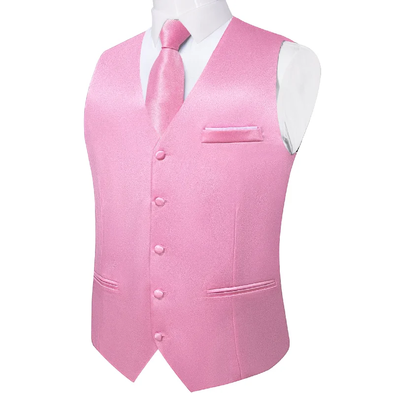 Pink Solid Satin Waistcoat Vest Tie Handkerchief Cufflinks Set-MJ-0643