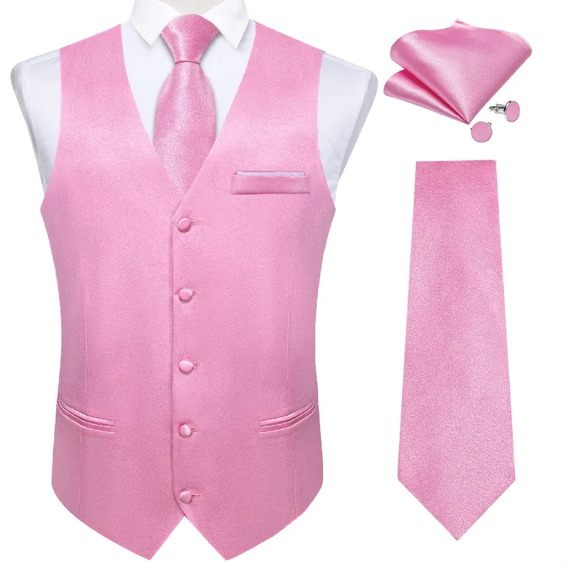 Pink Solid Satin Waistcoat Vest Tie Handkerchief Cufflinks Set-MJ-0643