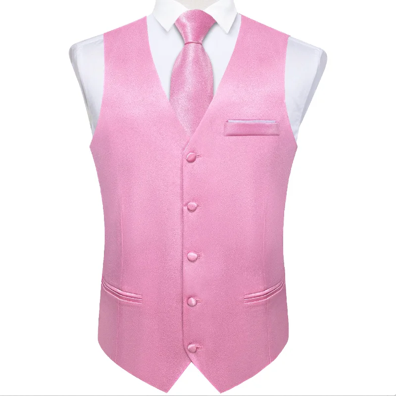 Pink Solid Satin Waistcoat Vest Tie Handkerchief Cufflinks Set-MJ-0643