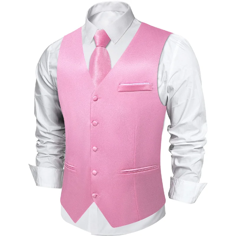 Pink Solid Satin Waistcoat Vest Tie Handkerchief Cufflinks Set-MJ-0643