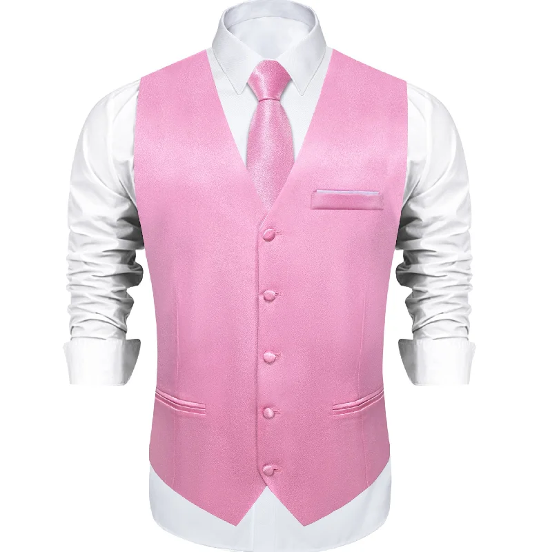 Pink Solid Satin Waistcoat Vest Tie Handkerchief Cufflinks Set-MJ-0643