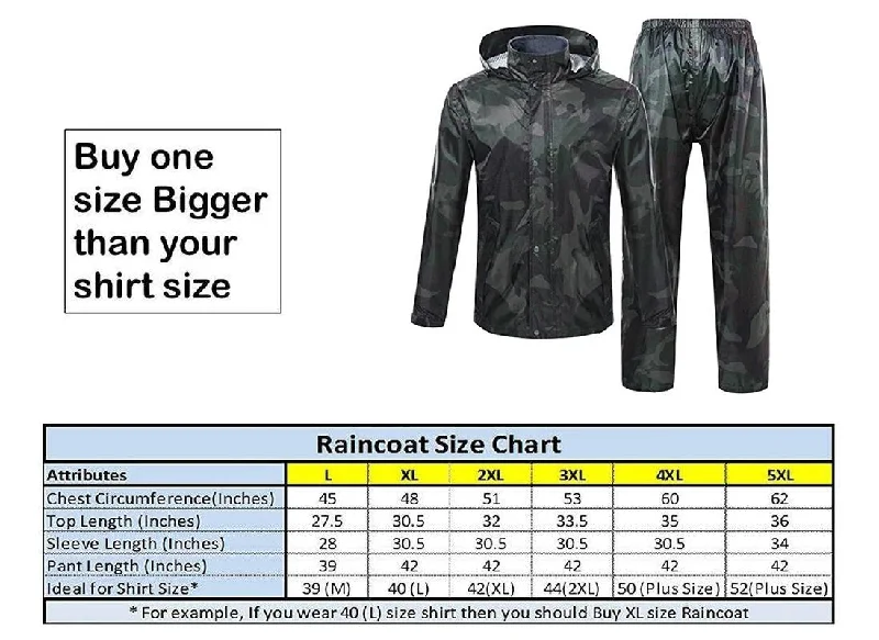 Romano nx 100% Waterproof Camouflage Rain Coat Men Heavy Duty Double Layer Hooded with Jacket and Pant in a Storage Bag