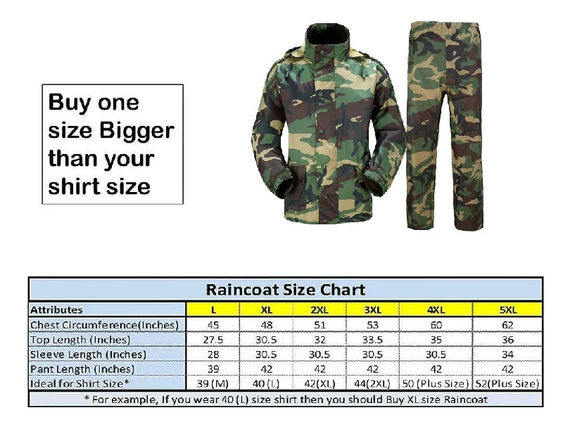 Romano nx 100% Waterproof Camouflage Raincoat Men Heavy Duty Double Layer Hooded with Jacket and Pant in a Storage Bag