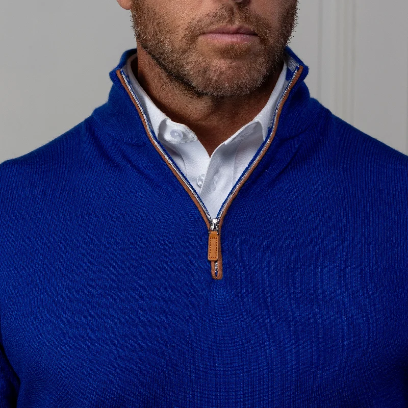 Royal Blue with Brown Suede Trim Cashmere Touch Australian Merino Quarter Zip Sweater