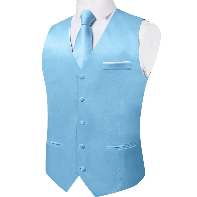 Sky Blue Solid Satin Waistcoat Vest Tie Handkerchief Cufflinks Set- MJ-0644