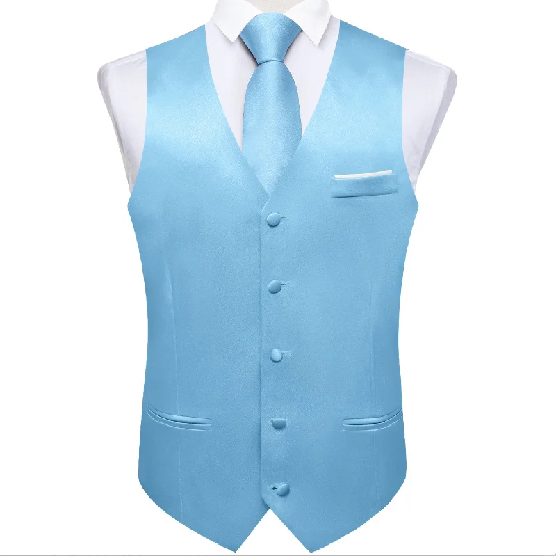 Sky Blue Solid Satin Waistcoat Vest Tie Handkerchief Cufflinks Set- MJ-0644