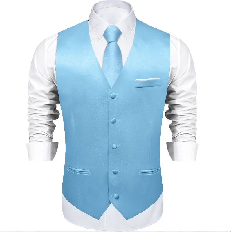 Sky Blue Solid Satin Waistcoat Vest Tie Handkerchief Cufflinks Set- MJ-0644