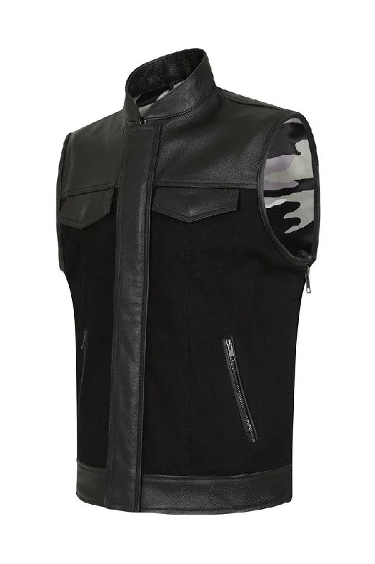 Vargas Black Denim & Leather Expandable Biker Vest