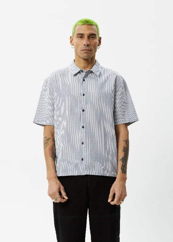 AFENDS Mens Intergalactic - Short Sleeve Shirt - Navy Stripe