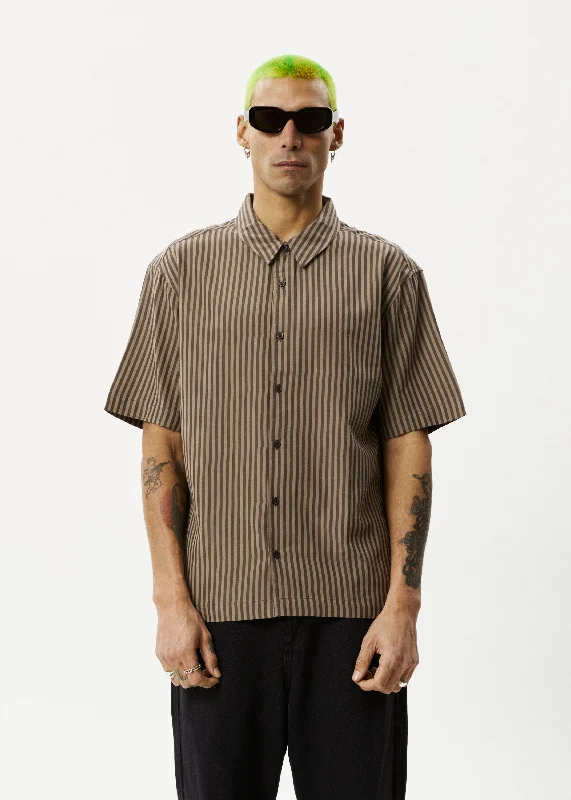 AFENDS Mens Space - Short Sleeve Shirt - Coffee Stripe