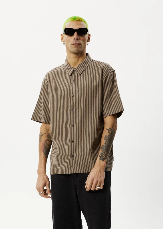 AFENDS Mens Space - Short Sleeve Shirt - Coffee Stripe