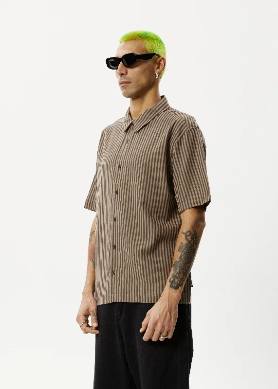 AFENDS Mens Space - Short Sleeve Shirt - Coffee Stripe