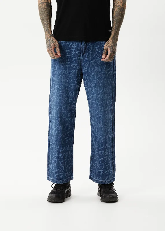 AFENDS Mens Tagged Pablo - Denim Baggy Jeans - Graffiti Blue