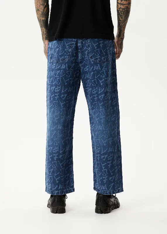 AFENDS Mens Tagged Pablo - Denim Baggy Jeans - Graffiti Blue