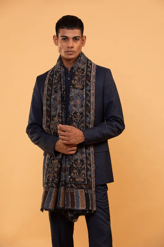 Alluring Dark Navy and Midnight Black Kani Shawl for Men with Paisley Pattern