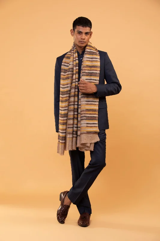 Beige Handwoven Fine Wool Stripe Shawl for Men - Elegant Moonlight Design