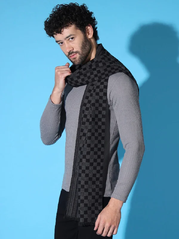 Men's Black Cashmere Wool Muffler with Checkboxes